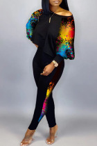 Colour Sexy Casual Print Patchwork Contrast O Neck Long Sleeve Two Pieces