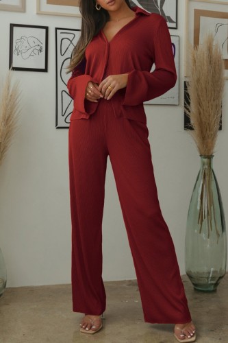 Red Casual Solid Patchwork Turndown Collar Long Sleeve Two Pieces