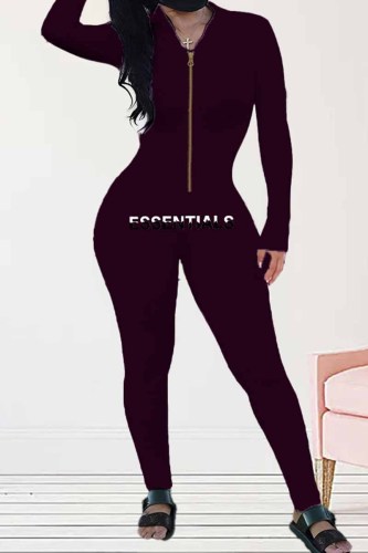 Black Sexy Print Letter Zipper Collar Jumpsuits