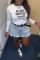 Navy Blue Street Vintage Print Patchwork Letter O Neck Tops