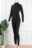 Black Casual Sportswear Solid Patchwork Zipper Long Sleeve Two Pieces