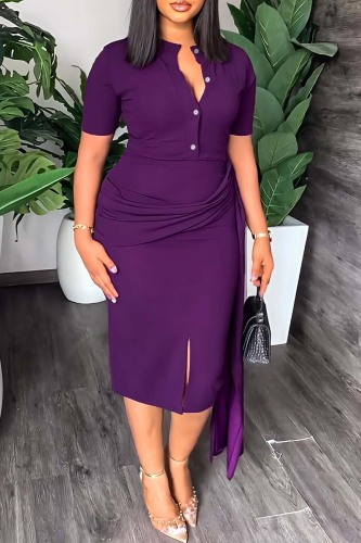 Purple Casual Solid Patchwork V Neck Short Sleeve Dress
