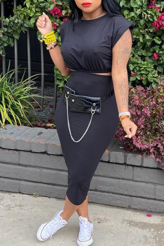 Black Casual Solid Patchwork O Neck Short Sleeve Two Pieces
