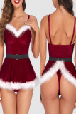 Red Sexy Solid Patchwork Feathers Christmas Day Lingerie