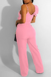 Pink Sexy Solid Patchwork Flounce Spaghetti Strap Straight Jumpsuits