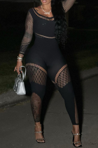 Black Sexy Solid See-through Mesh O Neck Skinny Jumpsuits