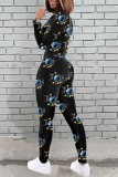 White Blue Casual Print Basic O Neck Long Sleeve Two Pieces