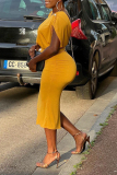 Yellow Sexy Casual Solid Chains Backless Slit Boat Neck Sheath Dresses