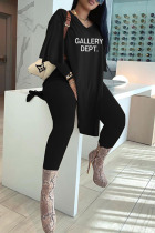 Black Casual Print Patchwork Slit V Neck Long Sleeve Two Pieces