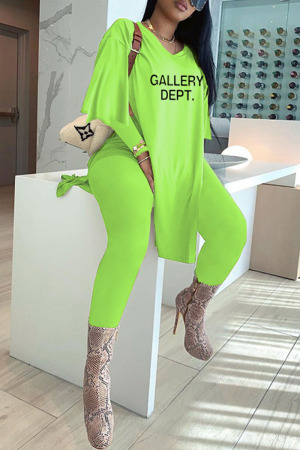 Fluorescent Green Casual Print Patchwork Slit V Neck Long Sleeve Two Pieces