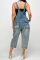 Light Blue Street Solid Patchwork Buckle Square Collar Straight Jumpsuits