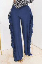 Blue Fashion Solid Tassel Straight High Waist Straight Solid Color Bottoms