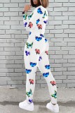 White Blue Casual Print Basic O Neck Long Sleeve Two Pieces