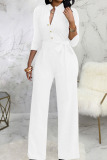 Black Casual Solid Bandage Patchwork Buckle Mandarin Collar Straight Jumpsuits