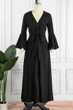Black Casual Print Solid Patchwork V Neck Long Sleeve Dresses