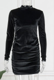 Black Sexy Solid Patchwork Fold Half A Turtleneck One Step Skirt Dresses