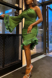 Green Sexy Solid Fold One Shoulder Sheath Dresses