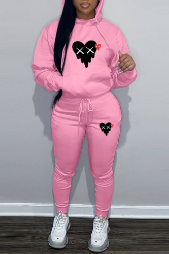 Pink Casual Street Print Draw String Hooded Collar Long Sleeve Two Pieces