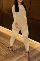 Brown Sexy Solid See-through Mesh O Neck Skinny Jumpsuits