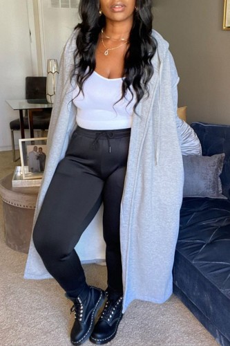 Grey Casual Solid Cardigan Hooded Collar Outerwear