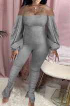 Grey Casual Solid Backless Slit Off the Shoulder Skinny Jumpsuits
