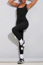 Black Casual Sportswear Solid Patchwork Backless U Neck Skinny Jumpsuits