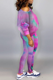 Pink Casual Print Tie Dye Basic O Neck Long Sleeve Two Pieces