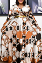 Khaki Casual Print Patchwork Without Belt V Neck Printed Dress Plus Size Dresses(Without Belt)