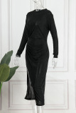 Black Elegant Solid Patchwork Slit Half A Turtleneck One Step Skirt Dresses