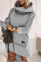 Grey Casual Solid Patchwork Turtleneck Long Sleeve Dresses