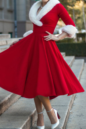 Red Elegant Solid Patchwork V Neck A Line Dresses