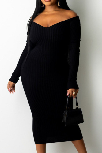 Black Sexy Solid Patchwork V Neck Pencil Skirt Plus Size Dresses