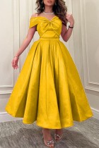 Gold Sexy Formal Solid Patchwork With Bow Off the Shoulder Evening Dress Dresses