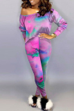 Purple Casual Print Tie Dye Basic O Neck Long Sleeve Two Pieces