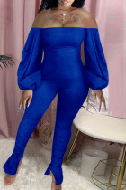 Blue Casual Solid Backless Slit Off the Shoulder Skinny Jumpsuits