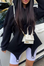 Black Casual Solid Patchwork Asymmetrical Hooded Collar Long Sleeve Dresses