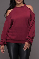 Red Casual Solid Ripped Hollowed Out O Neck Tops
