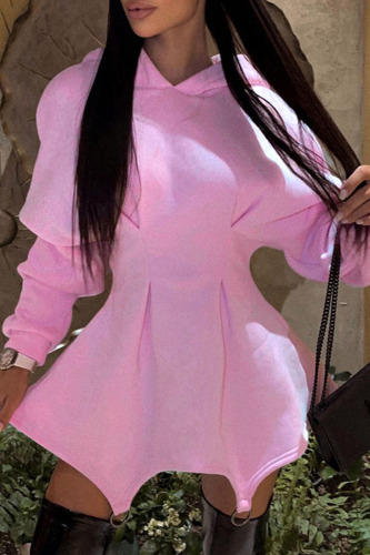 Pink Casual Solid Patchwork Asymmetrical Hooded Collar Long Sleeve Dresses