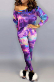 Pink Casual Print Tie Dye Basic O Neck Long Sleeve Two Pieces
