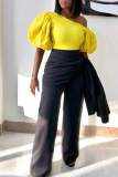 Black Yellow Solid Contrast One Shoulder Half Sleeve Two Pieces