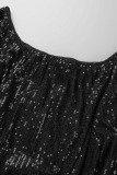 Black Casual Solid Sequins Patchwork Off the Shoulder Tops