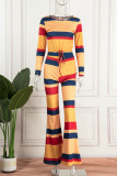 Colour Casual Striped Print Patchwork O Neck Long Sleeve Two Pieces