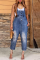 Deep Blue Street Solid Patchwork Buckle Square Collar Straight Jumpsuits