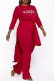 Red Casual Letter Print Slit O Neck Plus Size Two Pieces