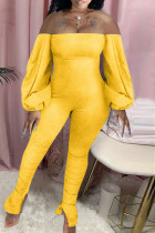 Yellow Casual Solid Backless Slit Off the Shoulder Skinny Jumpsuits