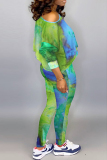 Green Casual Print Tie Dye Basic O Neck Long Sleeve Two Pieces