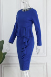 Royal Blue Casual Elegant Solid Patchwork Flounce O Neck One Step Skirt Dresses