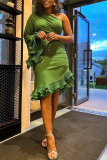 Green Sexy Solid Fold One Shoulder Sheath Dresses