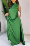 Green Sexy Casual Solid Slit Half A Turtleneck Long Dress Dresses
