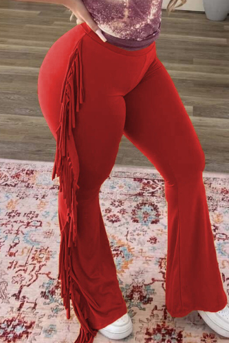 Tangerine Red Fashion Casual Solid Tassel Patchwork Skinny Mid Waist Speaker Trousers